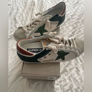Golden Goose Super-Star Sneakers with Green Glitter Star and Brown Heel